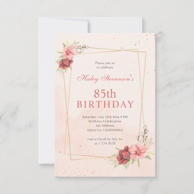 Boho Blush Pink Terracotta Floral 85th Birthday Invitation (Front)