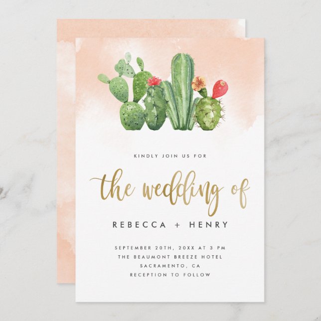 Boho Blush Pink Watercolor & Cactus Wedding Invitation (Front/Back)