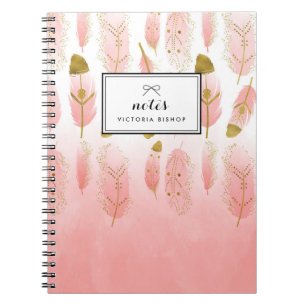 Boho Blush Pink Watercolor Feathers Ombre Custom Notebook