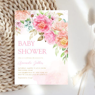 Boho Blush Pink Watercolor Floral Girl Baby Shower Invitation