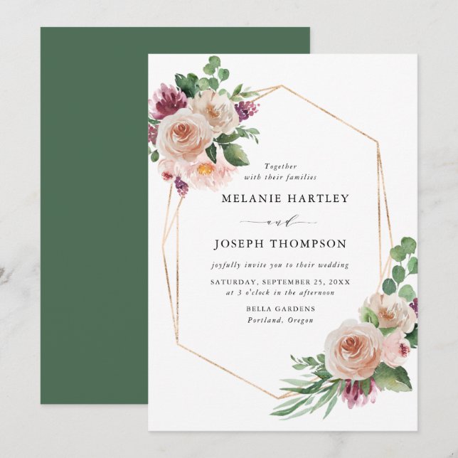 Boho Blush & Purple Spring Floral Wedding Invitation (Front/Back)