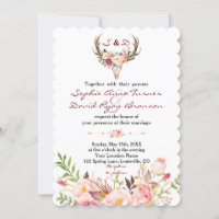 Boho Blush Red Floral Antler Skull Wedding