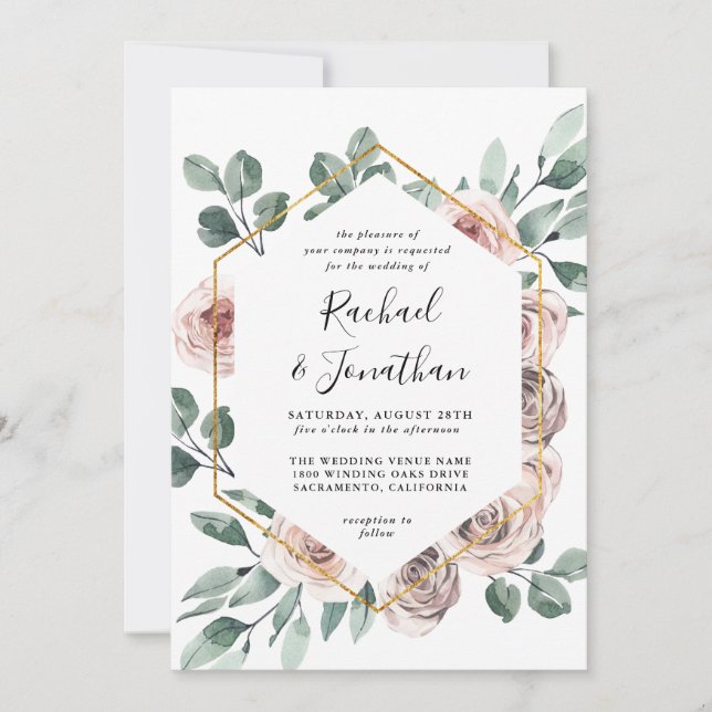 Boho Blush Rose Floral with Geometric Frame Invitation (Front)