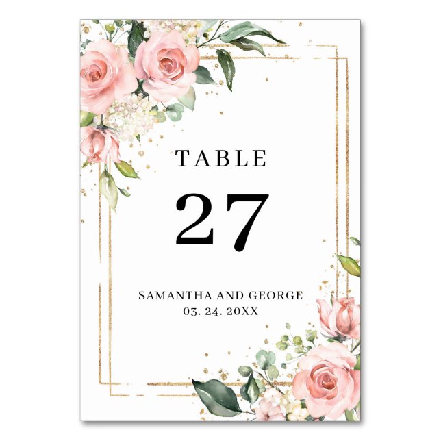 Boho blush roses and gold frame and greenery table number (Front)