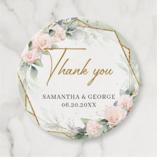 Boho blush roses eucalyptus gold frame wedding favour tags