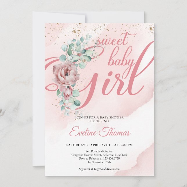 Boho blush roses eucalyptus gold sweet baby Girl Invitation (Front)