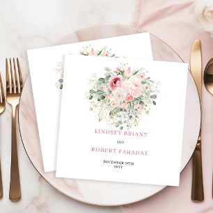 Boho Blush Roses Eucalyptus Gold Wedding Napkins