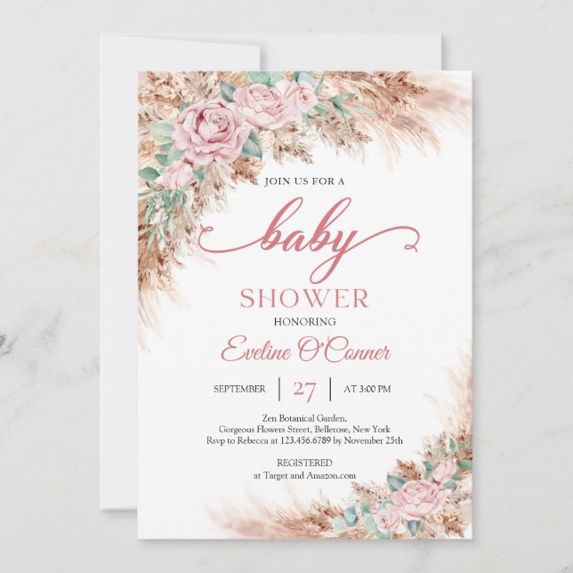 Boho Blush roses floral pampas grass greenery baby Invitation (Front)