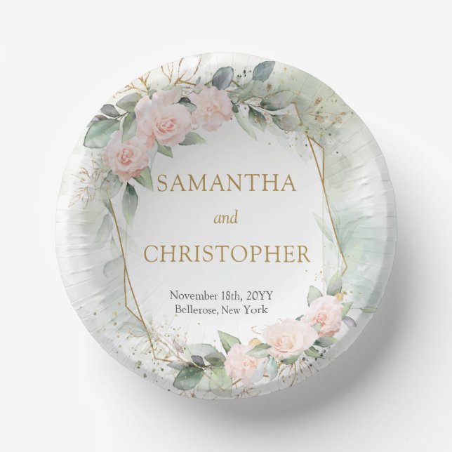 Boho blush roses gold glitter eucalyptus wedding paper plate (Front)