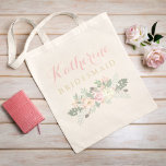 Boho Blush Sage Floral Bouquet Bridesmaid Tote Bag<br><div class="desc">Soft and airy, this tote features a delicate watercolor bouquet of pale blush roses and gentle sage greenery beneath a personalized name in light pink calligraphy script with the bridal party role in warm gold lettering. A dreamy, feminine design perfect for spring and summer garden weddings. Name and role are...</div>