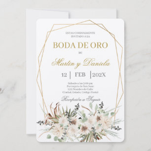 Boho boda de oro con flor blanca invitation