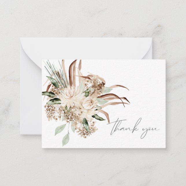 Boho Bohemian Beige Floral Thank You Note Card (Front)