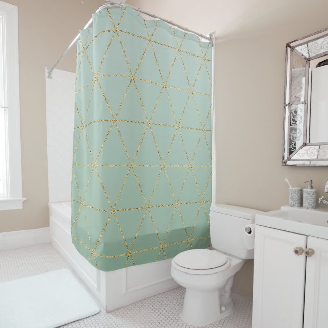 Boho Bohemian Chic Gold & Mint Geometric Glam Shower Curtain (In Situ)