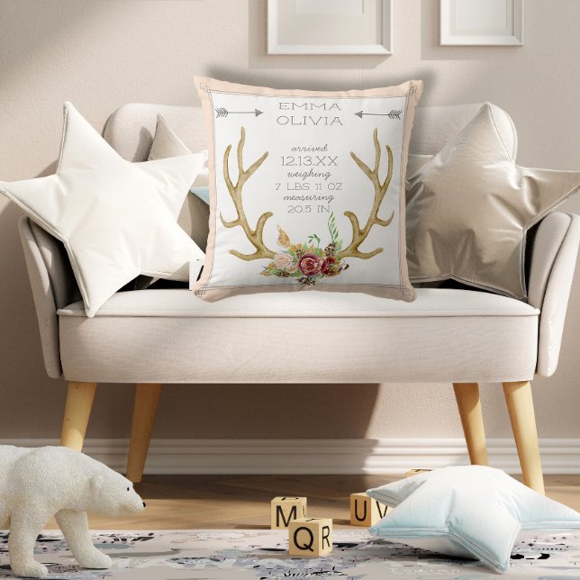 BOHO Bohemian Deer Antler Floral Baby Birth Stat Cushion (Creator Uploaded)