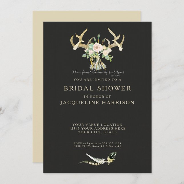 Boho Bohemian Deer Antler Floral Bridal Shower Invitation (Front/Back)