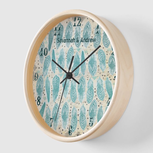 Boho Bohemian Distressed Teal Feather Pattern Wall Clock (Angle)