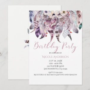 Boho Bohemian Feathers Birthday Party Invitations