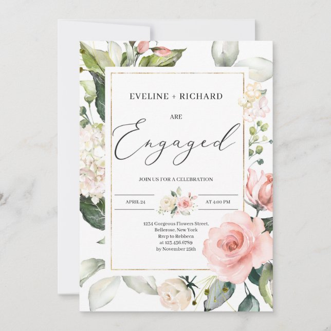 Boho bohemian floral frame gold engagement invitation (Front)