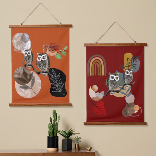 Boho Bohemian Modern Art Owls Nature Birds Wall  Hanging Tapestry (Asymmetrical)