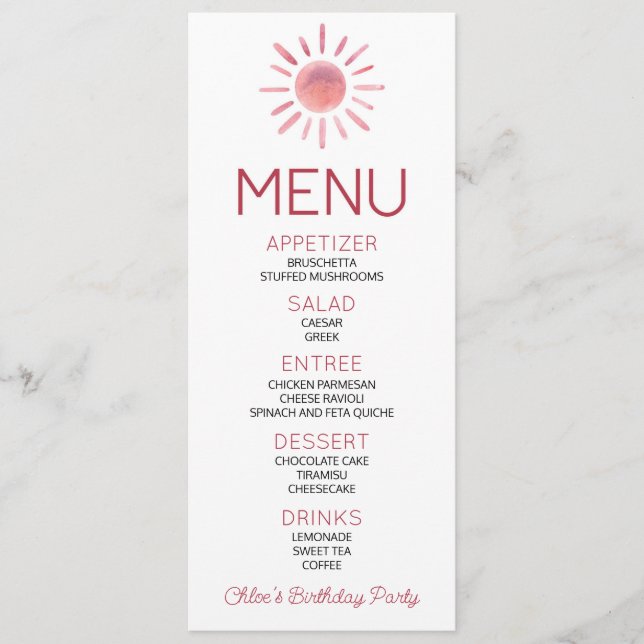 Boho Bohemian Pink Sun Birthday Party Food Menu (Front)