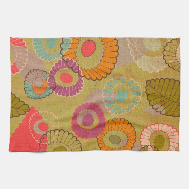Boho Bohemian Retro Colourful Floral Flowers Tea Towel (Horizontal)