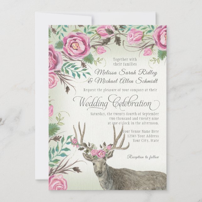 BOHO Bohemian Rose Floral Crown Deer Antler Sage Invitation (Front)