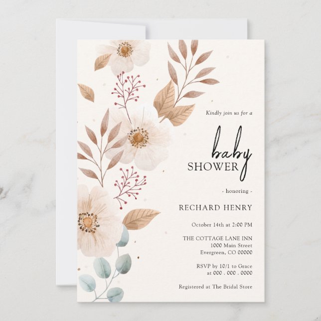 Boho Bohemian Rustic Floral Beige Girl Baby Shower Invitation (Front)