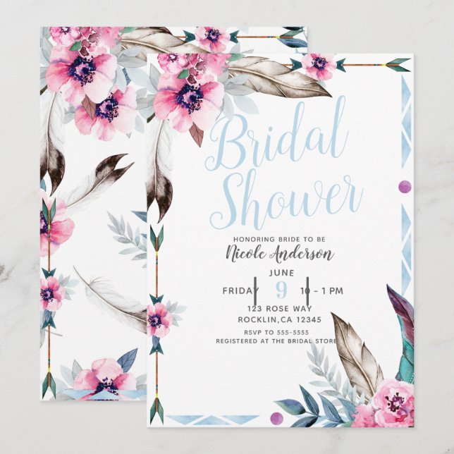Boho Bohemian Tribal Chic Floral Watercolor Bridal Invitation (Front/Back)