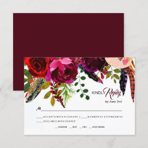 Boho Bold Burgundy Floral Wedding RSVP Card