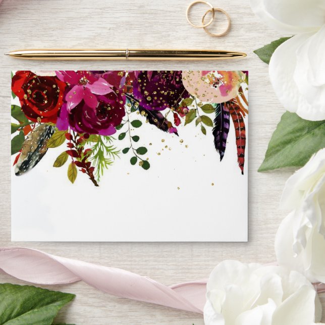 Boho Bold Burgundy Navy Floral Wedding  Envelope (Wedding)