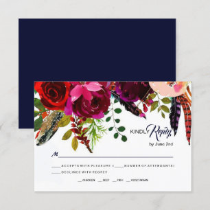 Boho Bold Burgundy Navy Floral  Wedding RSVP Card