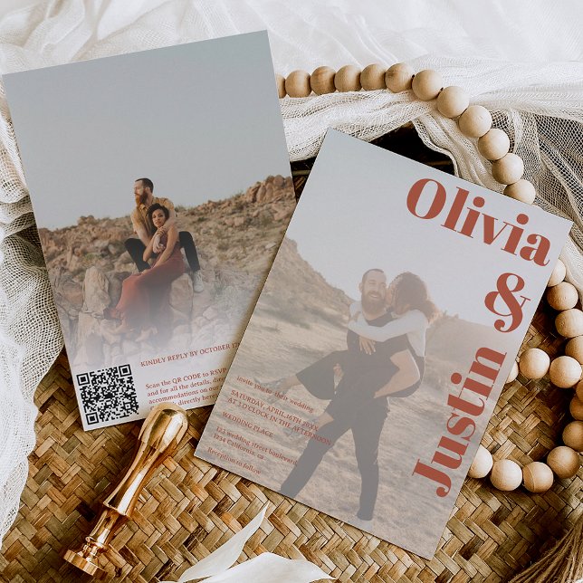 boho bold names 2 photos Qr code wedding Invitation (Creator Uploaded)