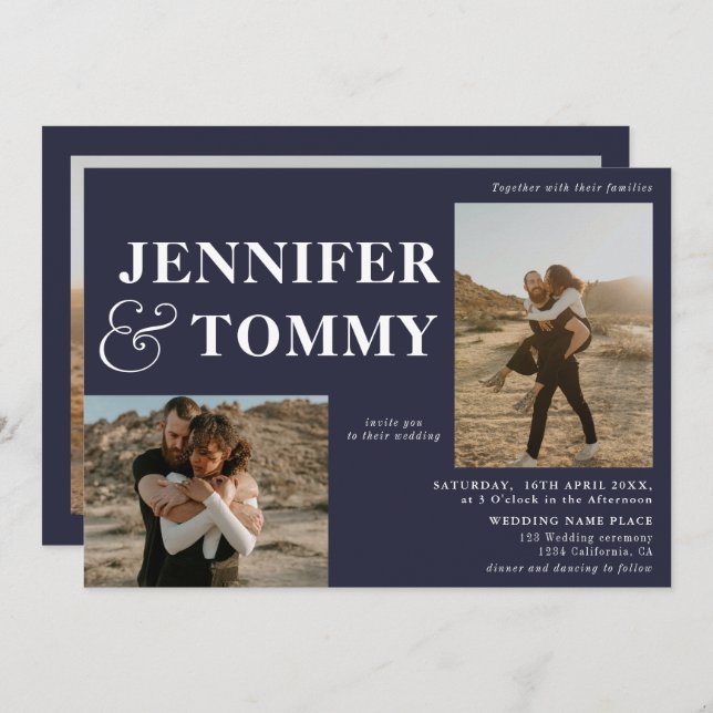 Boho bold names 3 photos wedding navy blue invitation (Front/Back)