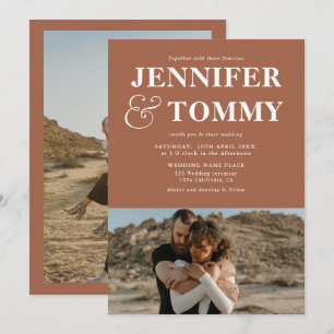 Boho bold names retro 2 photos wedding terracotta invitation