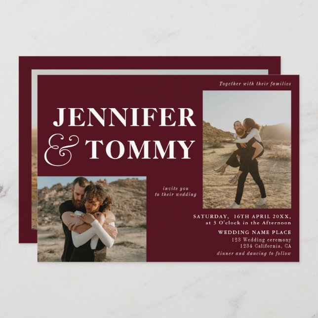 Boho bold names retro 3 photos wedding burgundy invitation (Front/Back)