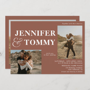 Boho bold names retro 3 photos wedding terracotta invitation