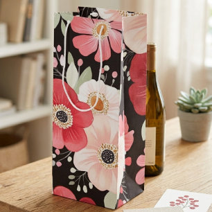 Boho Bold Watercolor Floral Black Wine Gift Bag