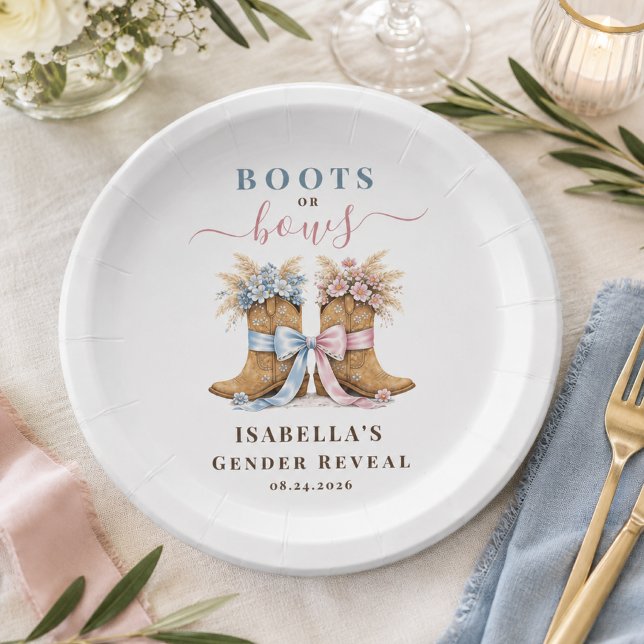 Boho Boots Or Bows Gender Reveal Paper Plate (Creator Uploaded)