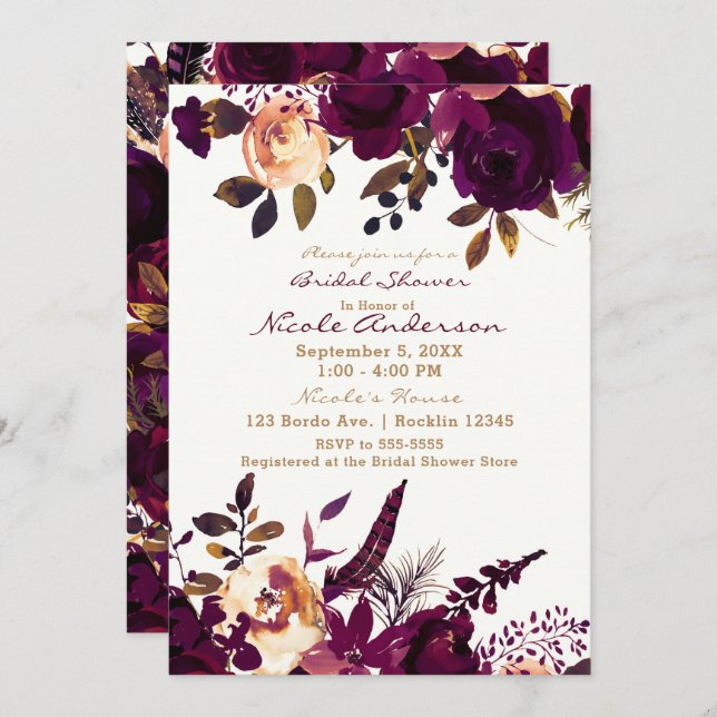 Boho Bordeaux Maroon Floral Fall Bridal Shower Invitation (Front/Back)