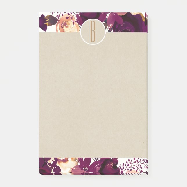 Boho Bordeaux Marsala Floral Kraft Rustic Monogram Post-it Notes (Front)