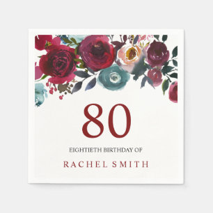 Boho Bordo Burgundy Red Flowers 80th Birthday Napkin