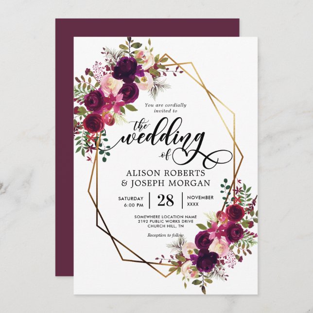 Boho bordo geometric wedding invitation (Front/Back)