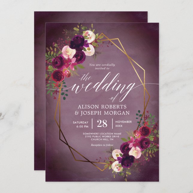 Boho bordo geometric wedding invitation (Front/Back)
