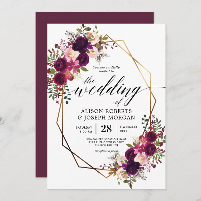 Boho bordo geometric wedding invitation (Front/Back)