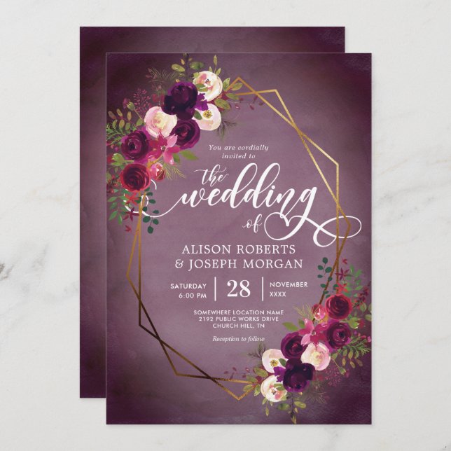 Boho bordo geometric wedding invitation (Front/Back)