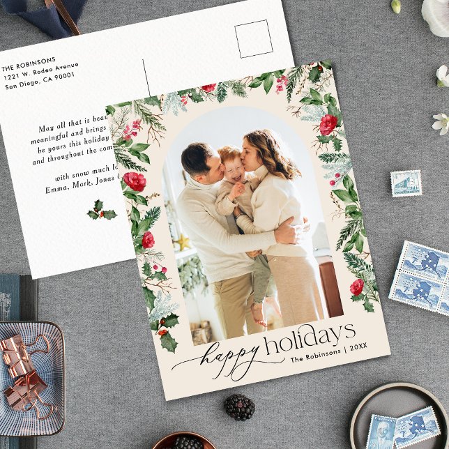 Boho Botanical Arch Modern 1 Photo Holiday Postcard (Creator Uploaded)