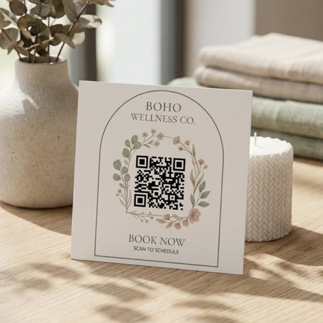 Boho Botanical Arched QR Code Square Business Card (Luxe Boho Business Card for Wellness & Creative Pros | Modern Botanical Design)