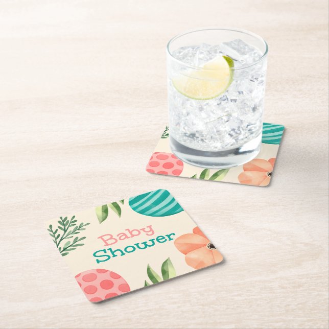 Boho Botanical Baby Shower Square Paper Coaster (Insitu)