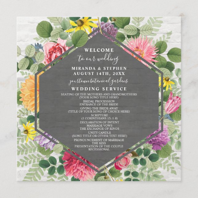 Boho Botanical Brick Wildflower Wedding Program Programme (Front)