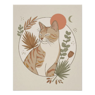 Boho Botanical Cat Wall Art - Minimalist Orange Ca